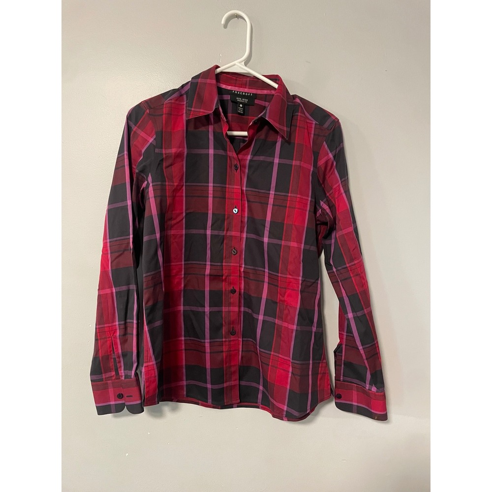 Foxcroft Non-Iron Shaped Fit Plaid Button Down Shirt Red Pink Black Women Size 6